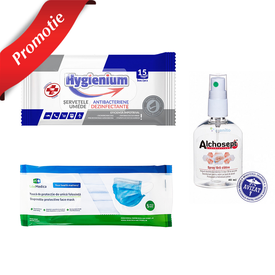 Pachet dezinfectare si protectie: 5 masti + pachet servetele dezinfectante + dezinfectant virucid spray